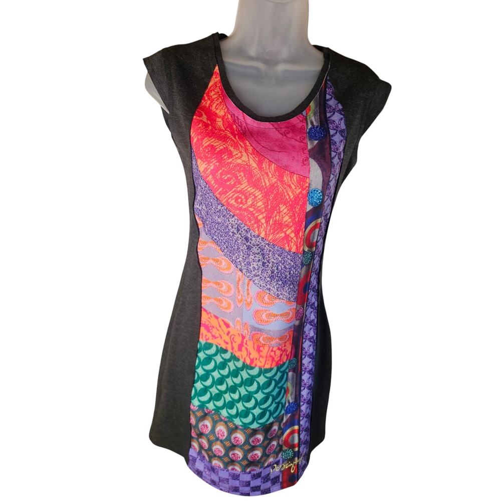 Designual Black Multi Color Abstract Designer Dress Sz XS Zip Back Scoop Neck - Picture 2 of 8